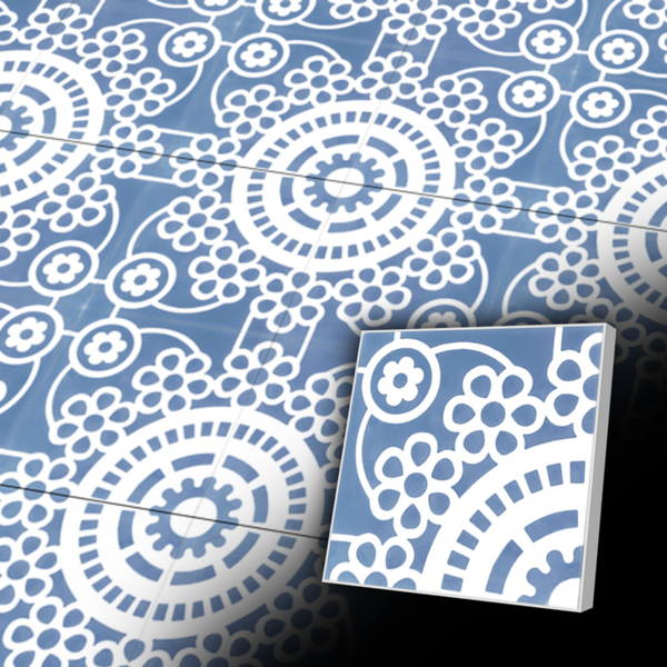 Retro Zementfliese mit 4er Kreismuster 20x20 cm in Blau im portugiesischen Stil - Wandfliese