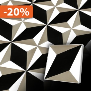 Retro Zementfliese mit Grafischem Muster 20x20 cm in Grau/Schwarz/Weiß im Stil der Gründerzeit 